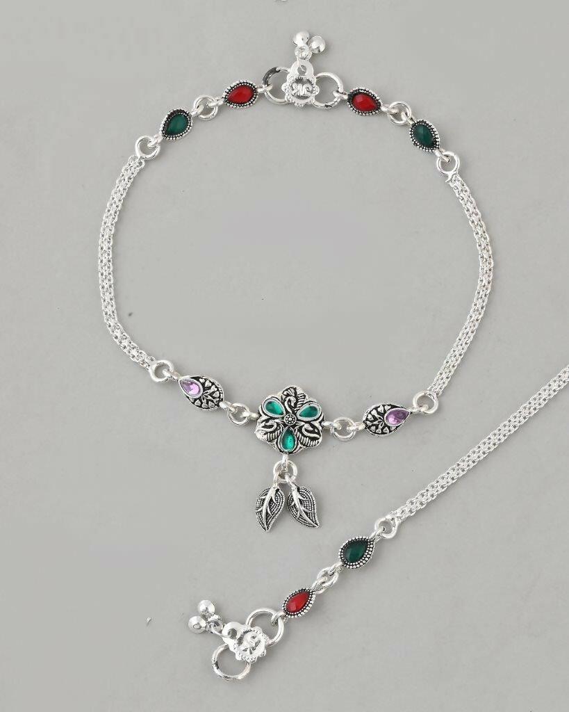 VOJ Set of 2 Traditional Stone Studded Flower Shaped Anklet - Swadesiicart