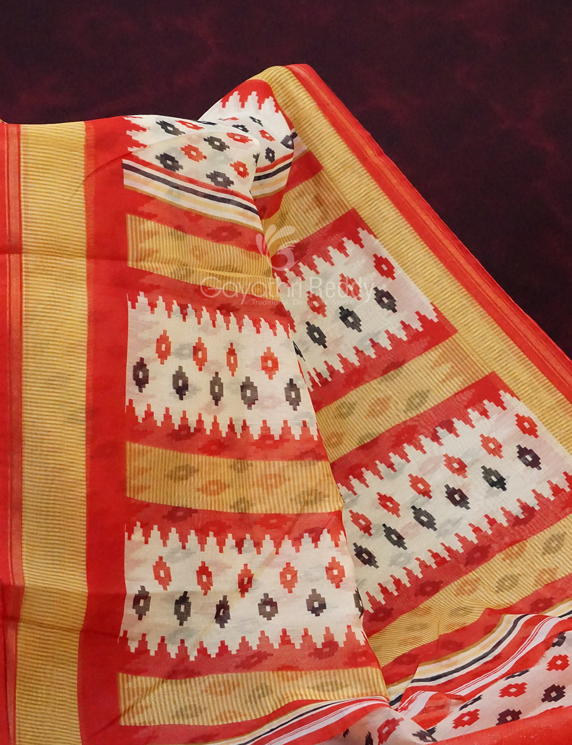 Combo of Off White and Red Patan Patola Semi Chanderi Saree By Gayathri Reddy Designer Studio | Swadesiicart