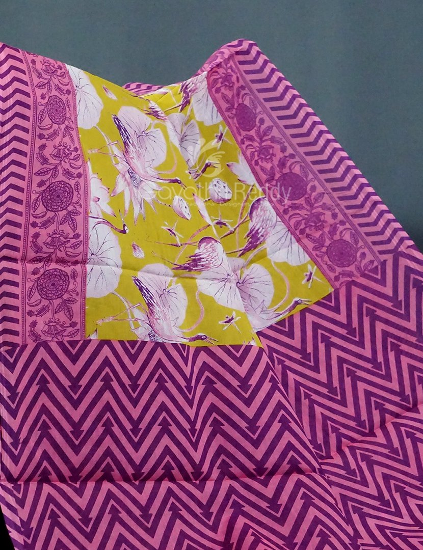 Block Print Lime Green Coloured Mulmul Cotton Saree By Gayathri Reddy Designer Studio | Swadesiicart