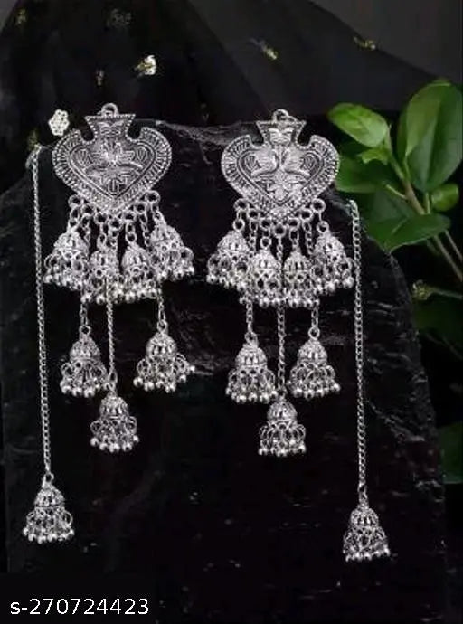 Tehzeeb Creations Women's Silver Colour Earrings With Chain Style | Swadesiicart