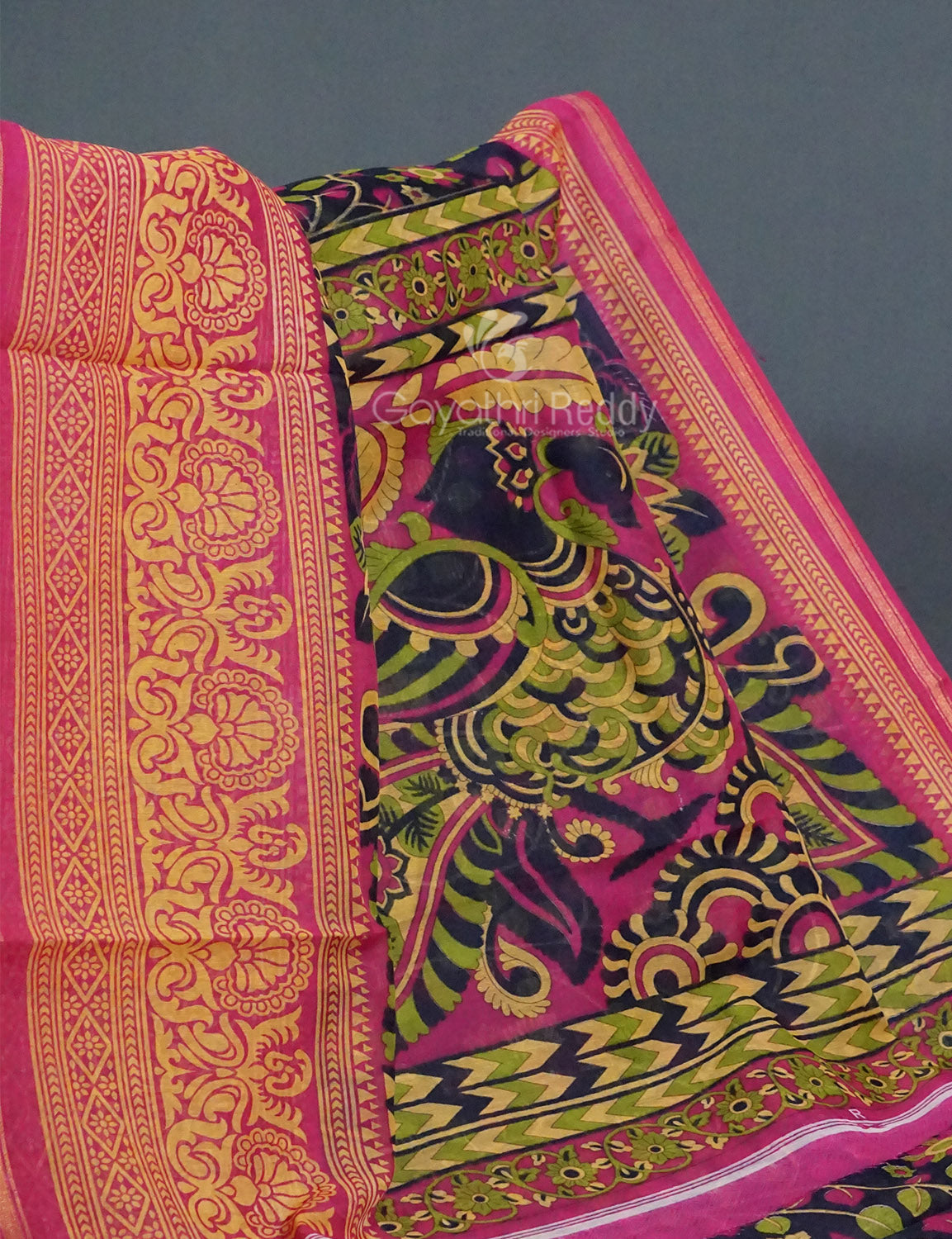 Shades of Navy Blue Colour Kalamkari Design Semi Chanderi Saree By Gayathri Reddy Designer Studio | Swadesiicart