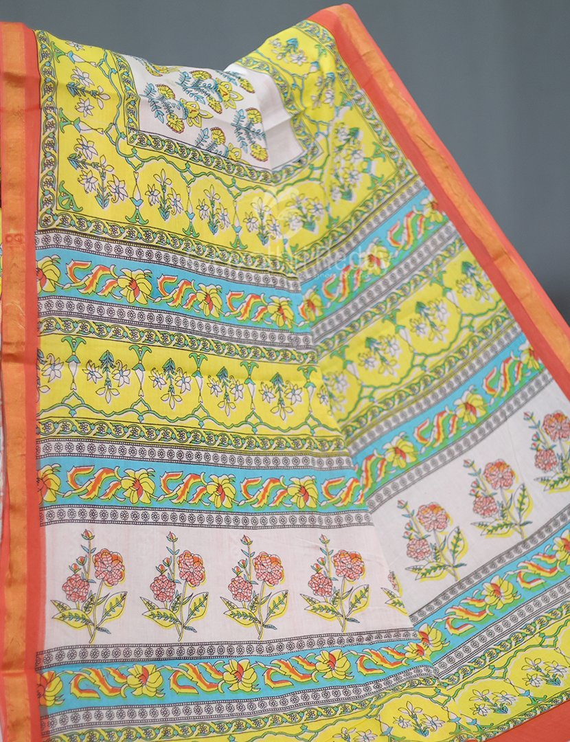 Creame Coloured Combination Printed Cotton Saree By Gayathri Reddy Designer Studio | Swadesiicart