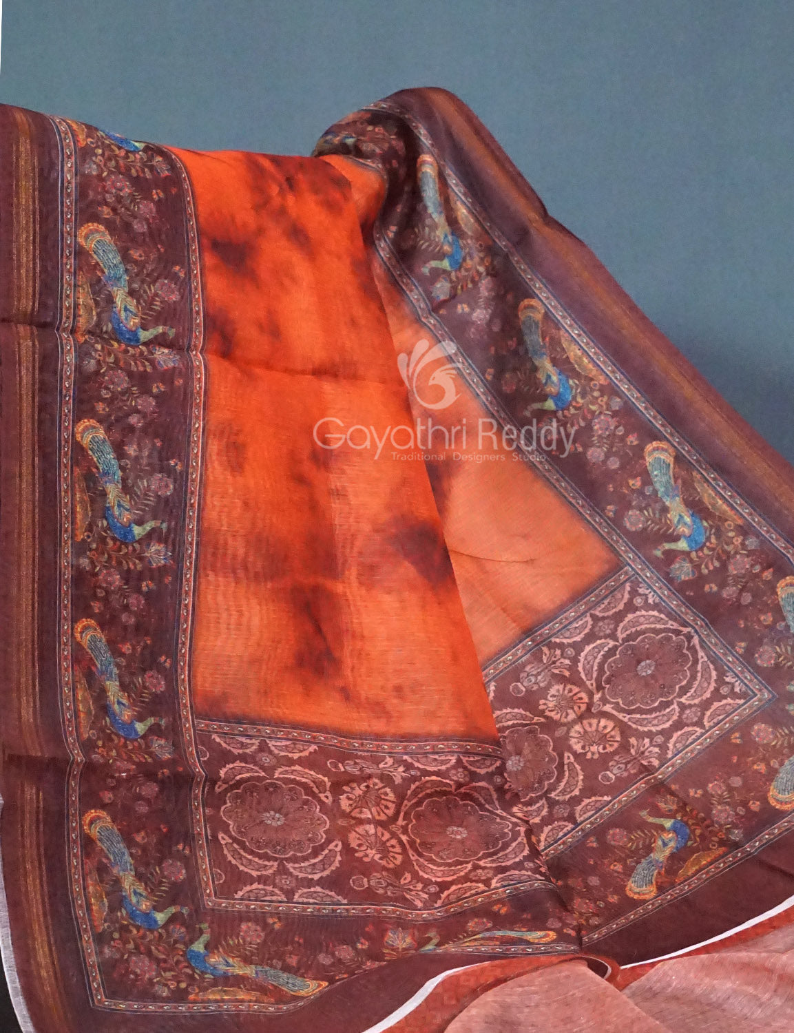 Shades of Orange Colour Shibori Print Semi Chanderi Saree By Gayathri Reddy Designer Studio | Swadesiicart