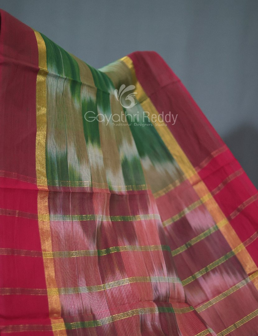 Dual Shades of Mango Green And Mustard Mangalagiri Ikkat Cotton Saree By Gayathri Reddy Designer Studio | Swadesiicart