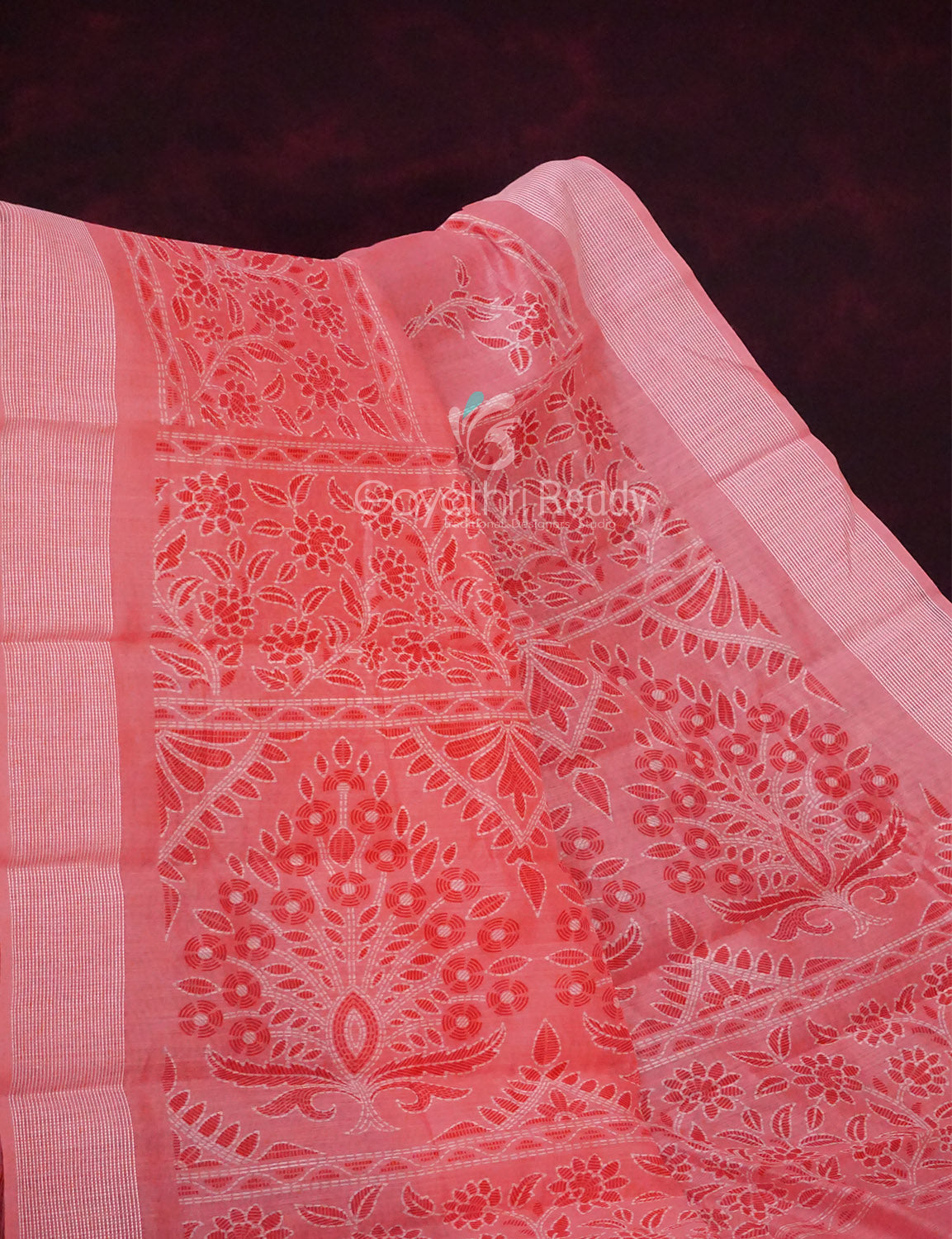 Peach Coloured Block Print Semi Chanderi Saree By Gayathri Reddy Designer Studio | Swadesiicart