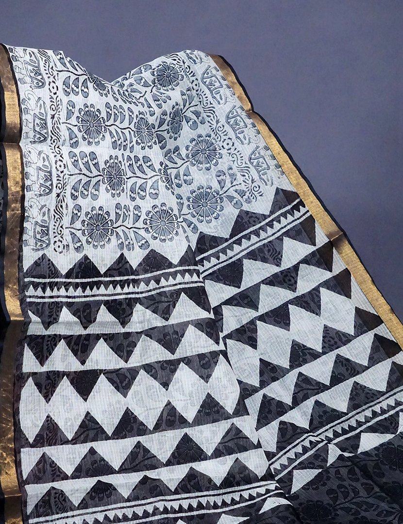 White And Grey Colour Block Print Pure Kota Cotton Saree By Gayathri Reddy Designer Studio | Swadesiicart