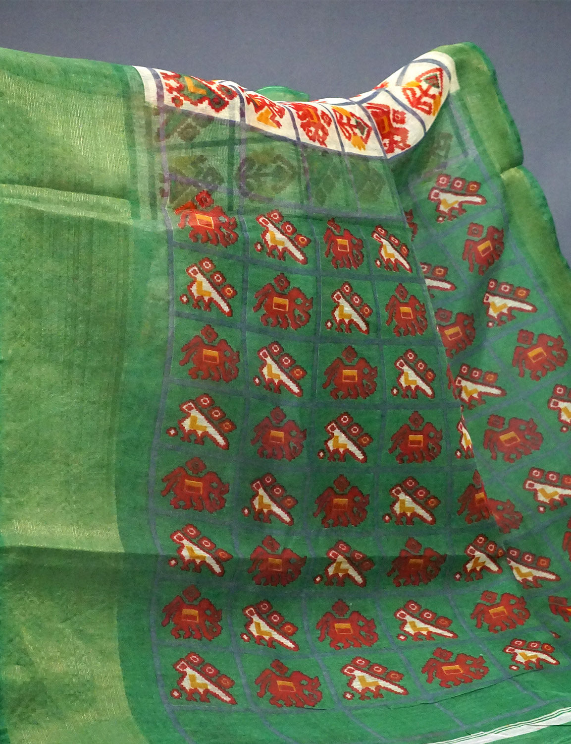 Shades of Light Apple Green And Parrot Green Colour Blouse Ikat Design Semi Chanderi Saree By Gayathri Reddy Designer Studio | Swadesiicart
