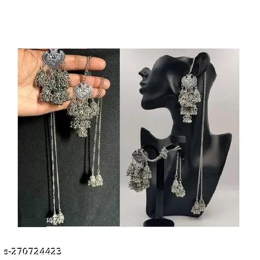 Tehzeeb Creations Women's Silver Colour Earrings With Chain Style | Swadesiicart
