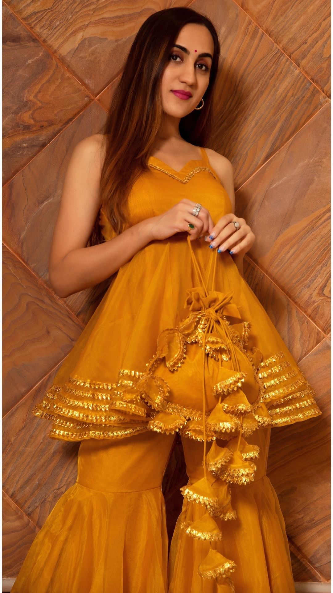 Pomcha Jaipur Murat Mustard Organza Sharara Set | Swadesiicart
