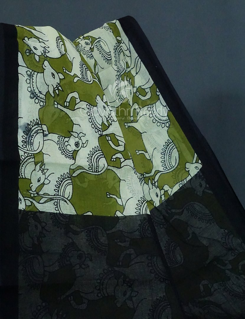 Shades of Mehndi Green And Black With Pichwai Print Munga Cotton Saree By Gayathri Reddy Designer Studio | Swadesiicart