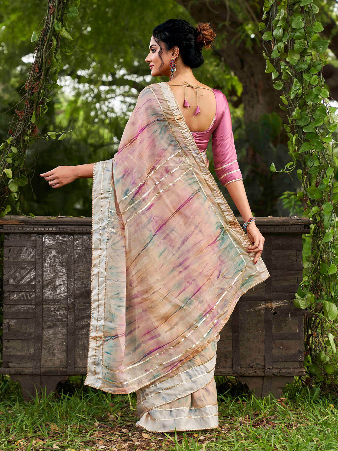 Tikhi Imli Peach Tie and Dye Gotta Patti Organza Saree | Swadesiicart