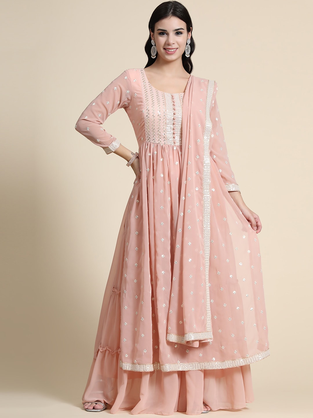Kalini Women Peach-Coloured Ethnic Motifs Embroidered Empire Thread Work Kurta with Sharara & With Dupatta | Swadesiicart