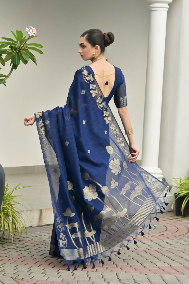 Vishnu Weaves Women's Blue Linen Silk Zari Weaving Saree with Blouse - Swadesiicart