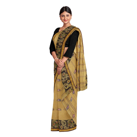 Exclusive Collection 100% Pure Cotton Dark Mustard Tant Saree With Hand Weaving Work - Swadesiicart