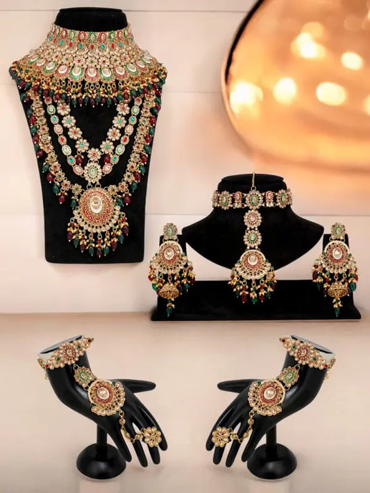 Tehzeeb Creations Traditional Designer Kundan Stone Maroon and Green Meenakari Choker Bridal Set | Swadesiicart