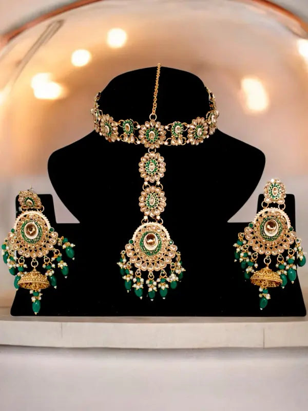 Tehzeeb Creations Traditional Designer Kundan Stone Green Meenakari Choker Bridal Set | Swadesiicart