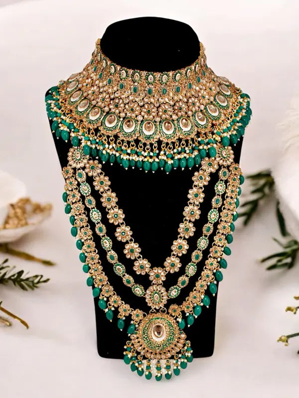 Tehzeeb Creations Traditional Designer Kundan Stone Green Meenakari Choker Bridal Set | Swadesiicart