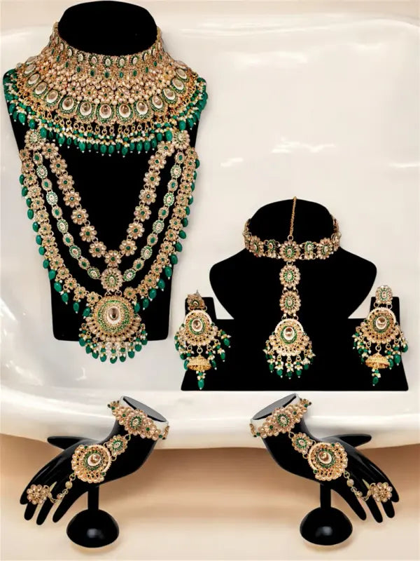 Tehzeeb Creations Traditional Designer Kundan Stone Green Meenakari Choker Bridal Set | Swadesiicart