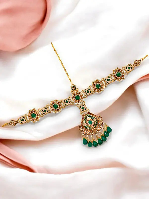 Tehzeeb Creations Traditional Designer Kundan Stone Green Meenakari Choker Bridal Set | Swadesiicart
