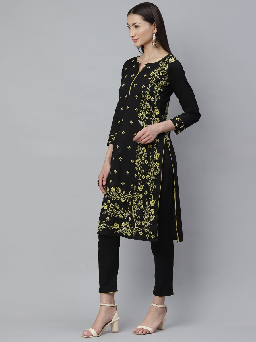 ADA Women Black & Yellow Chikankari Hand Embroidered Sustainable Handloom Kurta with Trousers | Swadesiicart