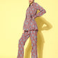 InWeave Women's Pink Blue Ogee Print Belted Coord Set - Swadesiicart