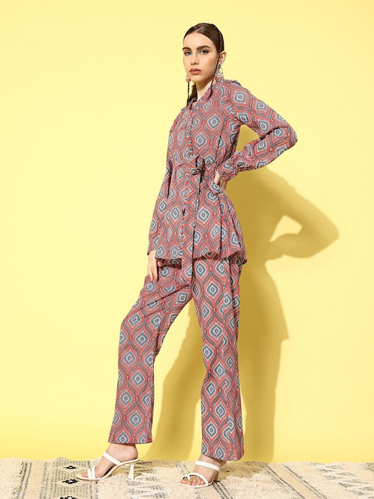 InWeave Women's Pink Blue Ogee Print Belted Coord Set - Swadesiicart