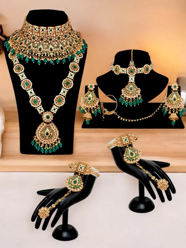 Tehzeeb Creations Traditional Designer Kundan Stone Green Meenakari Choker Bridal Set | Swadesiicart