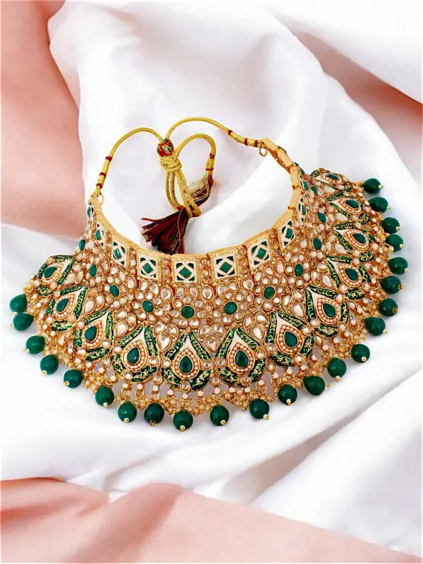 Tehzeeb Creations Traditional Designer Kundan Stone Green Meenakari Choker Bridal Set | Swadesiicart