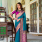 Anaita Teal Soft Banarasi Silk Zari Weaving Saree With Blouse Piece