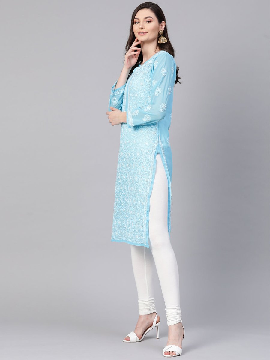 ADA Women Blue & White Chikankari Embroidered Sheer Straight Sustainable Handloom Kurta | Swadesiicart