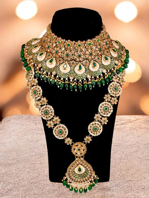 Tehzeeb Creations Traditional Designer Kundan Stone Green Meenakari Choker Bridal Set | Swadesiicart