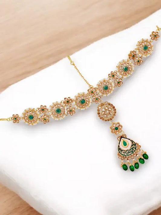 Tehzeeb Creations Traditional Designer Kundan Stone Green Meenakari Choker Bridal Set | Swadesiicart