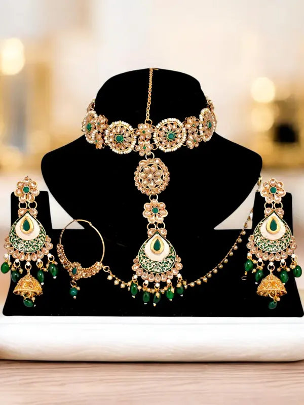 Tehzeeb Creations Traditional Designer Kundan Stone Green Meenakari Choker Bridal Set | Swadesiicart