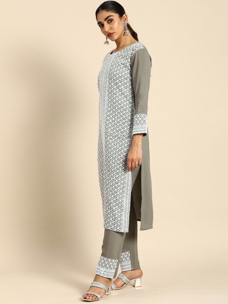 All About You Women Embroidered Chikankari Kurta With Trousers & With Dupatta | Swadesiicart