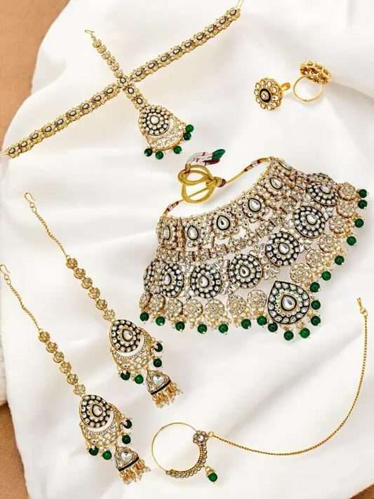 Tehzeeb Creations Traditional Designer Kundan Stone Green Meenakari Choker Bridal Set | Swadesiicart