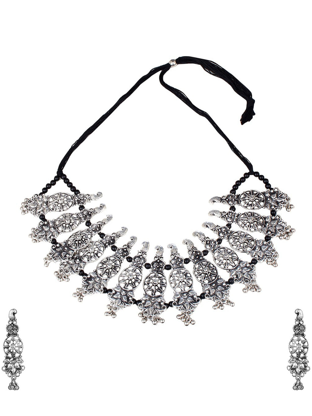 Cardinal Oxidised Silver-Plated Stone-Studded & Beaded Jewellery Set - Swadesiicart