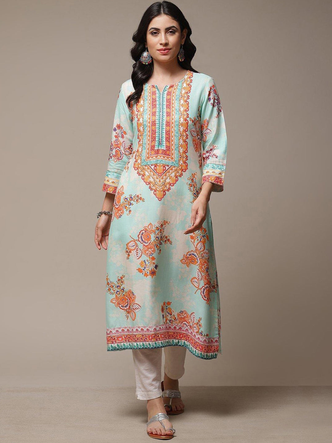 Biba Ethnic Motifs Printed Notched Neck A-Line Kurta - Swadesiicart
