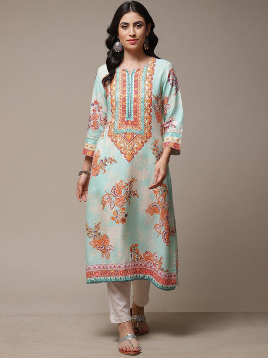 Biba Ethnic Motifs Printed Notched Neck A-Line Kurta - Swadesiicart