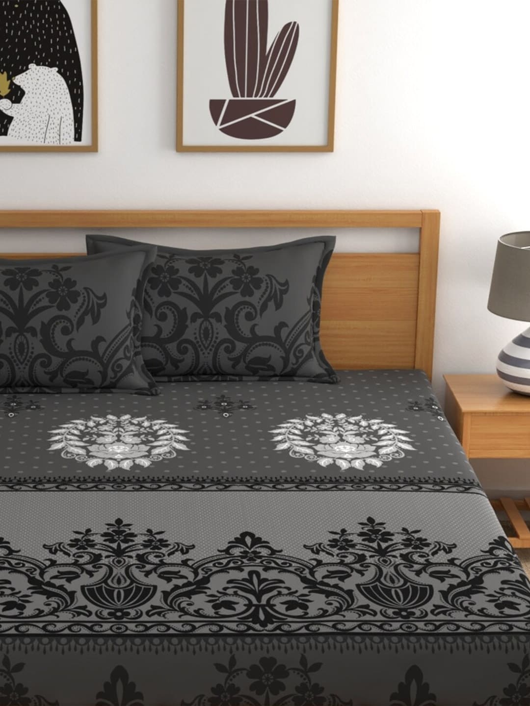 Dreamscape Grey & White Ethnic Motifs 144 TC Queen Bedsheet with 2 Pillow Covers - Swadesiicart
