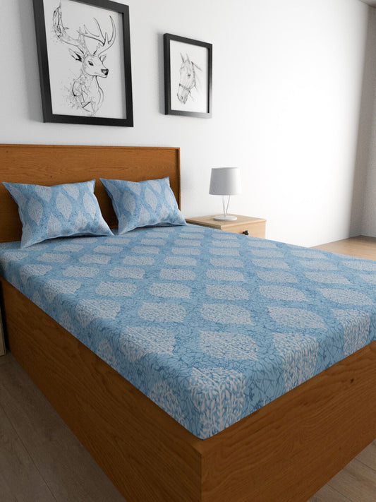Urban Magic Blue Ethnic Motifs Printed Cotton 104 TC Queen Bedsheet With 2 Pillow Covers - Swadesiicart