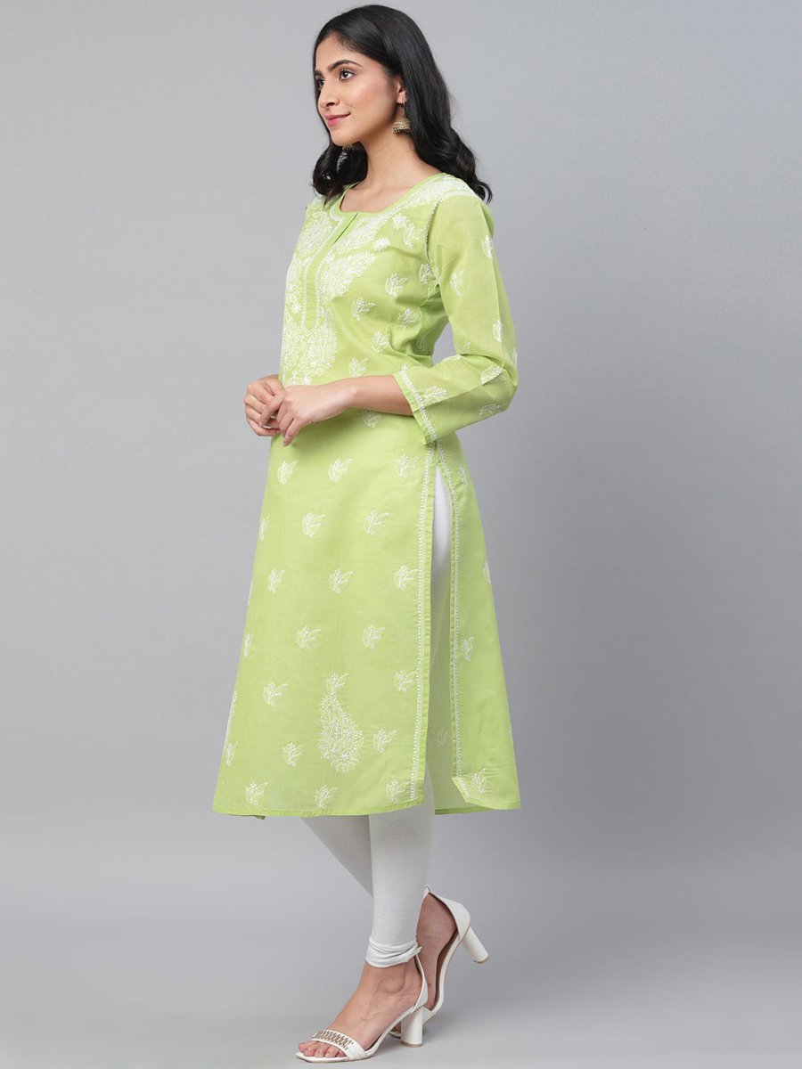 ADA Women Green & White Chikankari Hand Embroidered Straight Sustainable Handloom Kurta | Swadesiicart