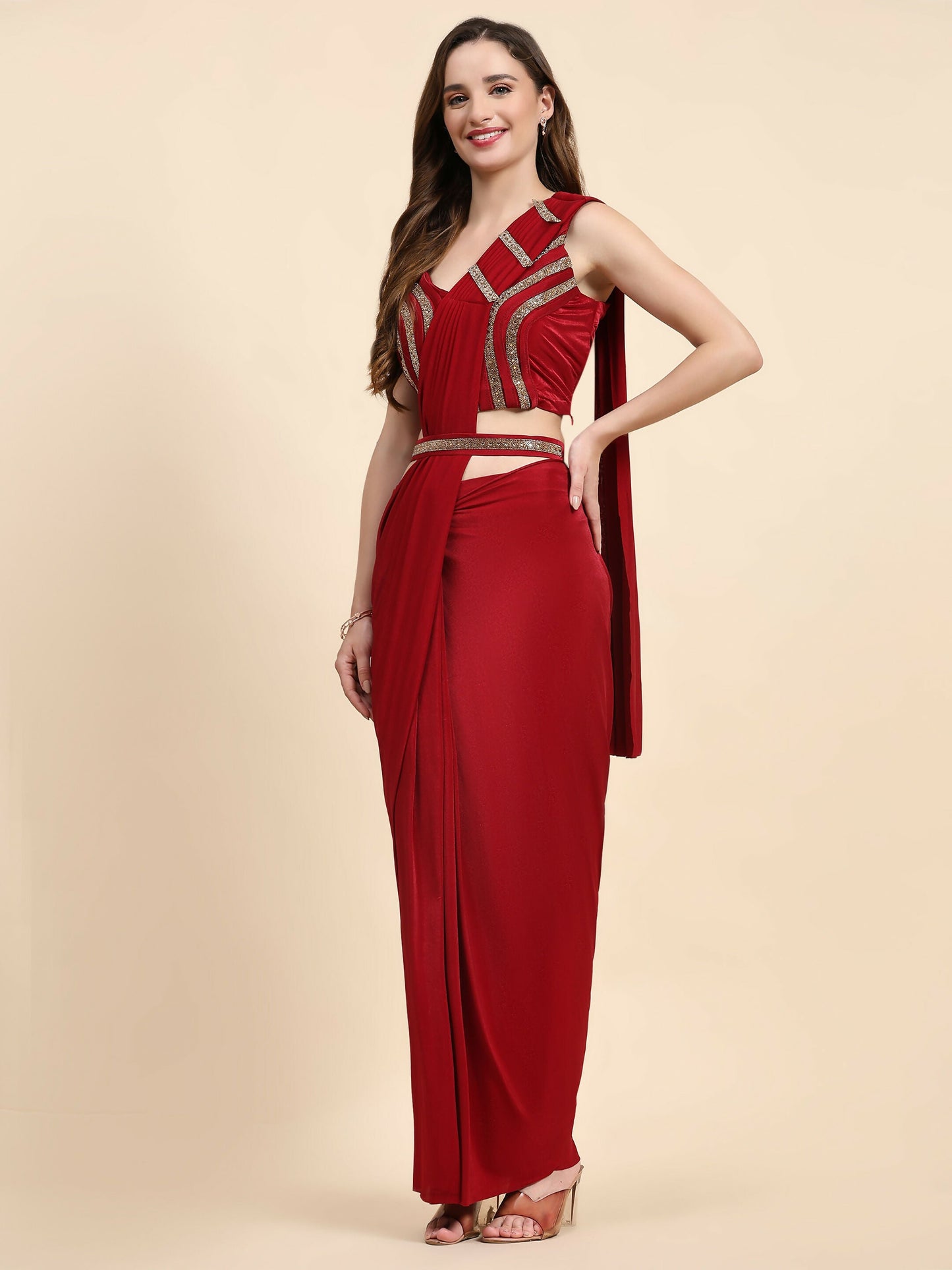 Red Imported Crystle Solid Ready to Wear Saree with stitched Blouse - Nita | Swadesiicart