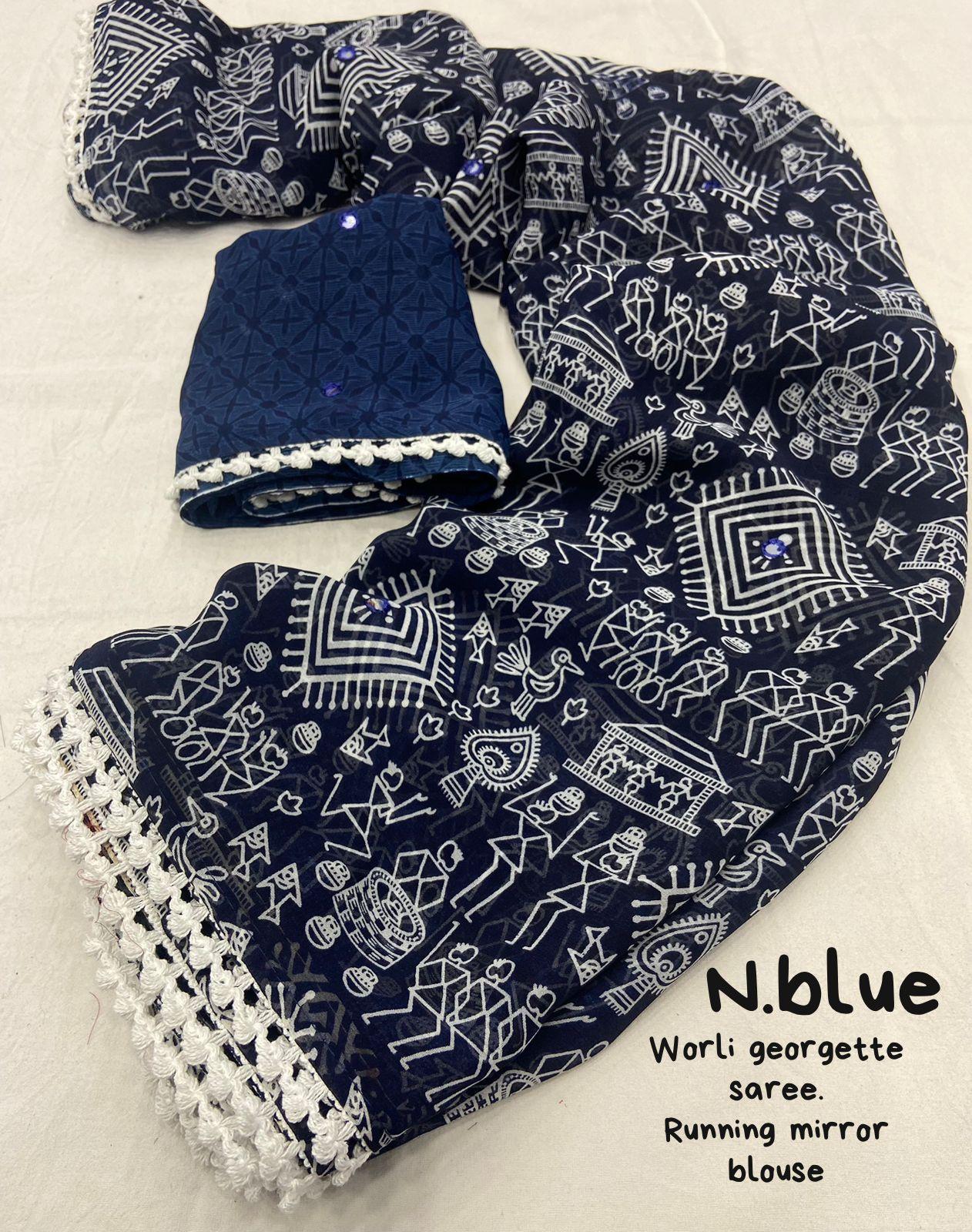 Blue Poly Georgette Ethnic Motifs Saree with Unstitched Blouse - Hiral Fashion | Swadesiicart