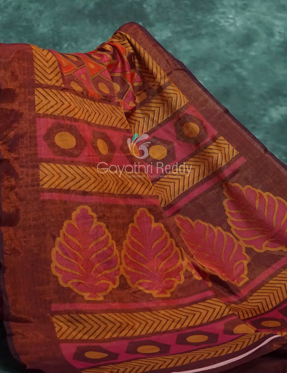 Orange And Henna Brown Colour With Geometrical Print Semi Chanderi Saree. By Gayathri Reddy Designer Studio | Swadesiicart