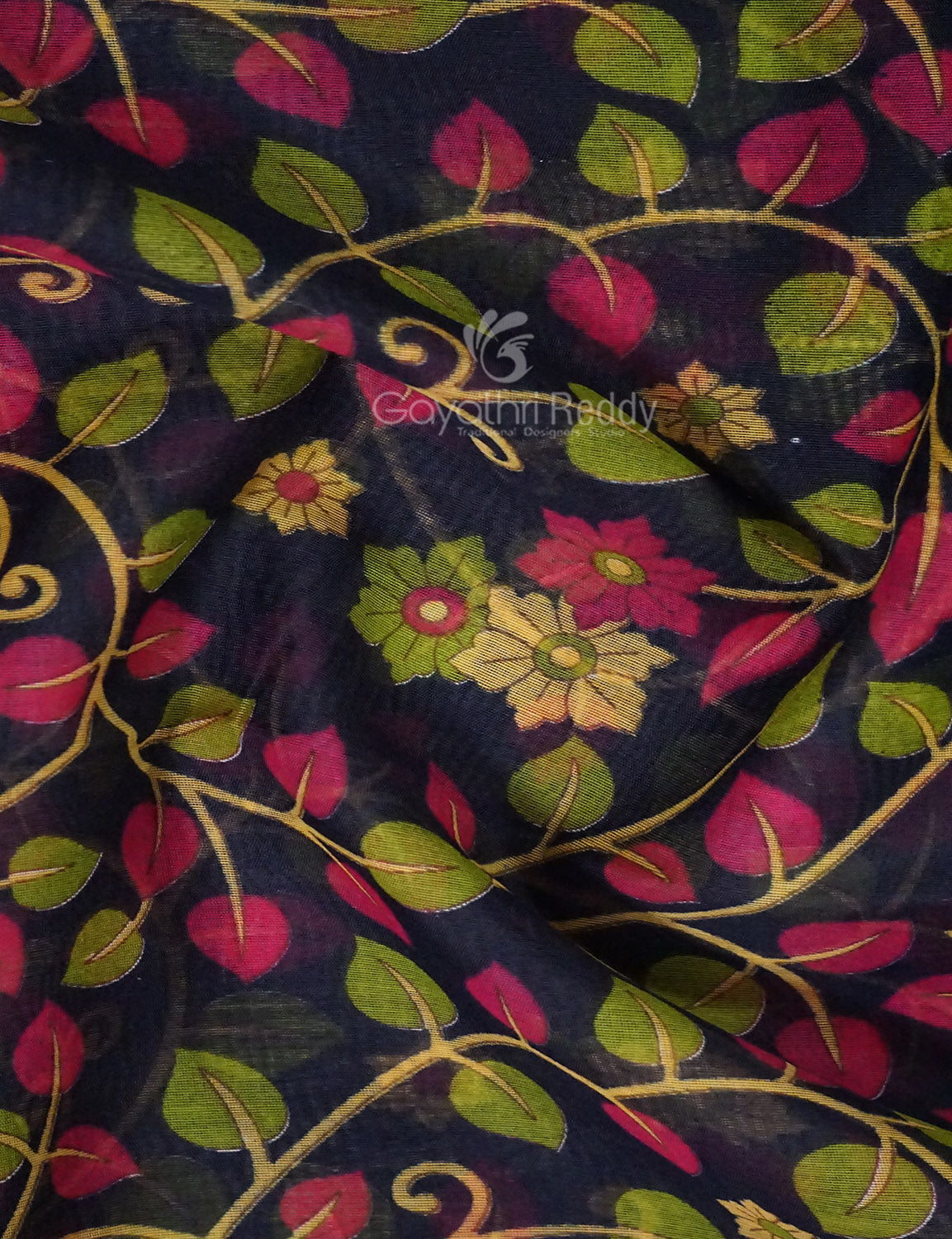 Shades of Navy Blue Colour Kalamkari Design Semi Chanderi Saree By Gayathri Reddy Designer Studio | Swadesiicart