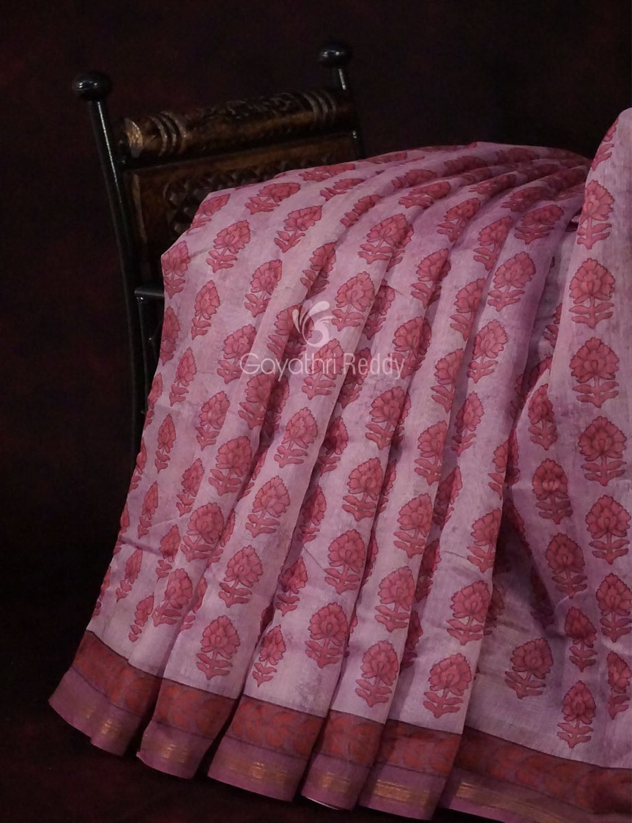 Baby Pink Colour Block Print Design Semi Chanderi Saree By Gayathri Reddy Designer Studio | Swadesiicart