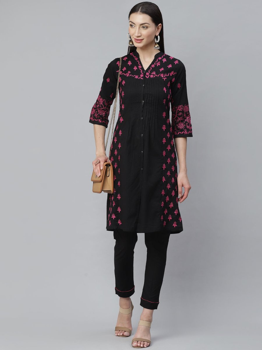 ADA Women Black & Pink Chikankari Hand Embroidered Sustainable Handloom Kurta with Trousers | Swadesiicart