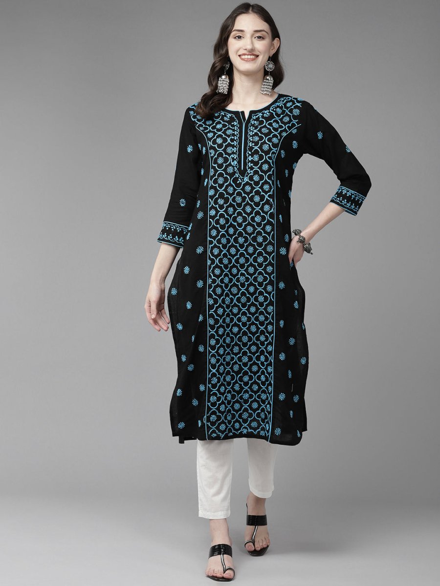 ADA Women Floral Embroidered Cotton Chikankari Kurta | Swadesiicart