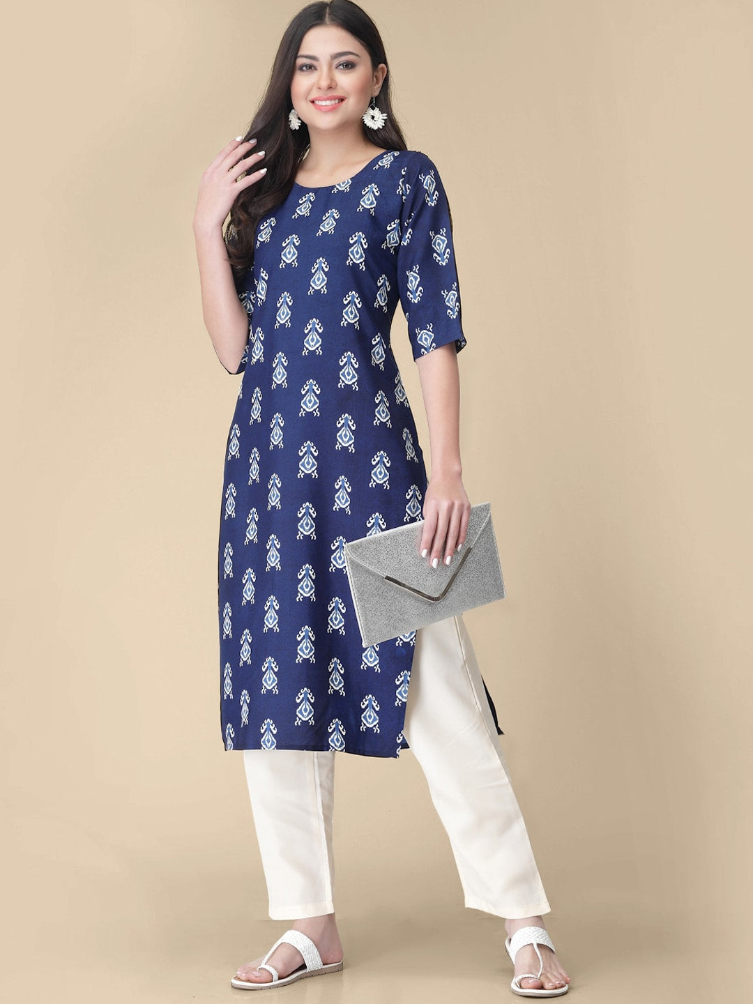 Kalini Ethnic Motifs Printed Round Neck Kurta with Trousers - Swadesiicart
