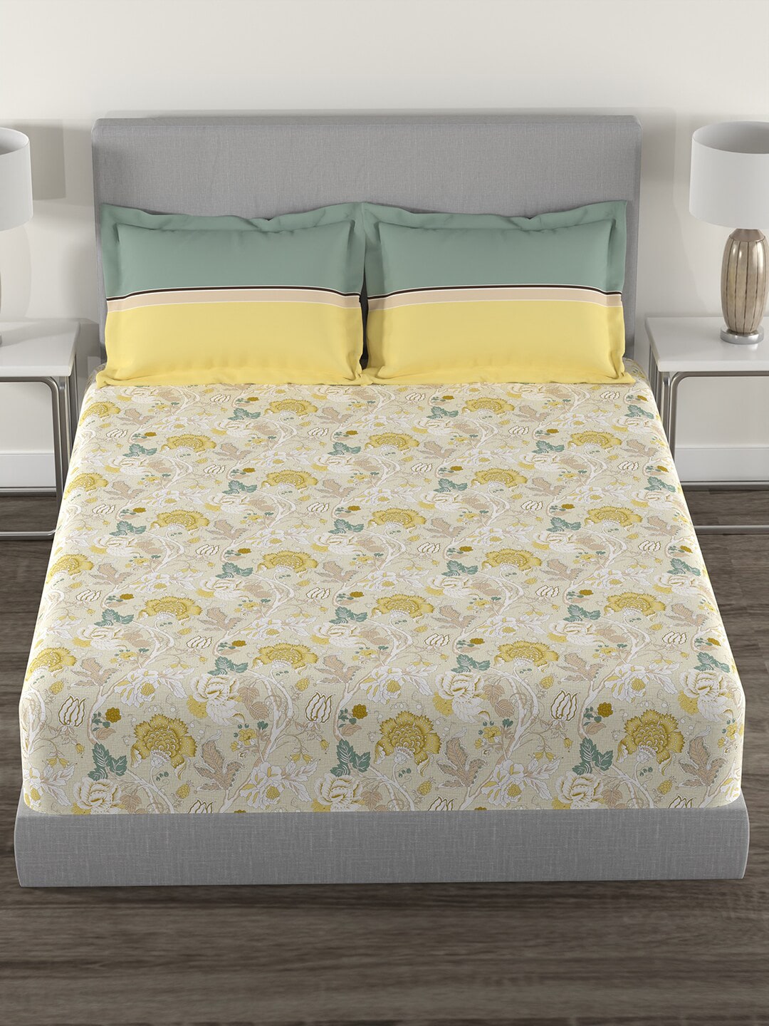 MYTRIDENT Yellow White Floral Cotton 144 TC Queen Bedsheet With 2 Pillow Covers - Swadesiicart